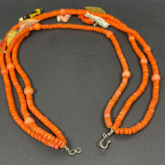 Retro Boho Chic Necklace Orange Wood Beaded Carved Tropical Parrot Bird Vintage - Picture 10 of 12